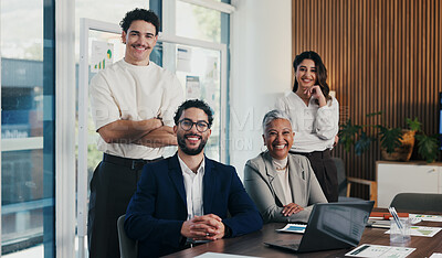 Buy stock photo Business, team and happy with portrait in office for payroll management, career pride and about us. Accounting staff, people and smile with arms crossed for bookkeeping, audit confidence and meeting