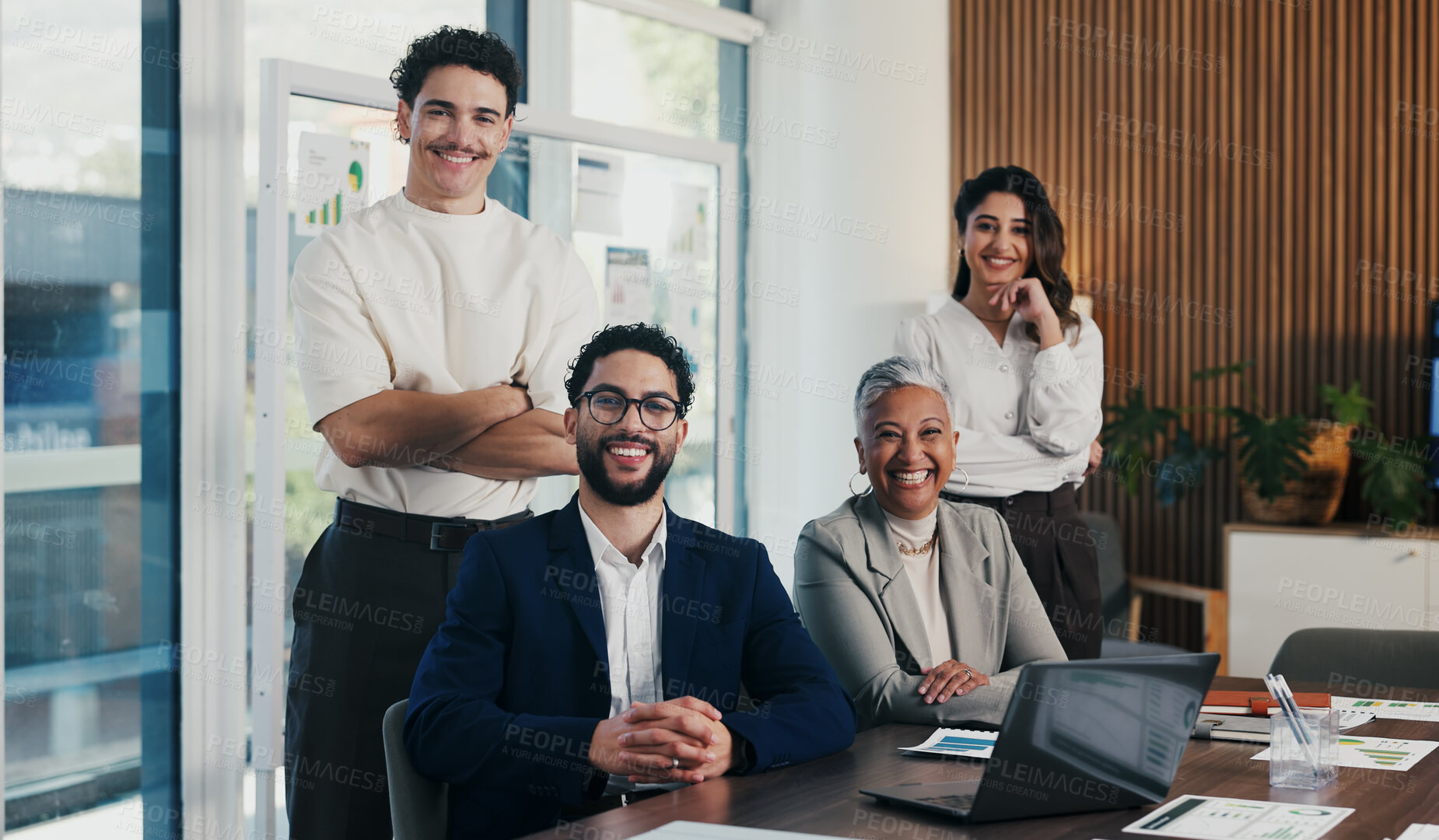 Buy stock photo Business, team and happy with portrait in office for payroll management, career pride and about us. Accounting staff, people and smile with arms crossed for bookkeeping, audit confidence and meeting