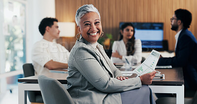 Buy stock photo Happy, meeting and portrait of manager with business people for finance agency, investment and planning. Office, team and mature woman in boardroom for financial company, collaboration or consultancy