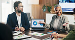 Documents, graphs and business people in meeting on laptop for finance review, feedback and revenue. Office, team and workers with screen, chart and research for financial analysis, profit and growth