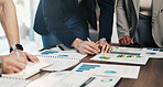 Hands, team and documents at office meeting with charts, review and notes for insight at finance company. Business people, group and paperwork with graphs, stats and feedback at investment agency
