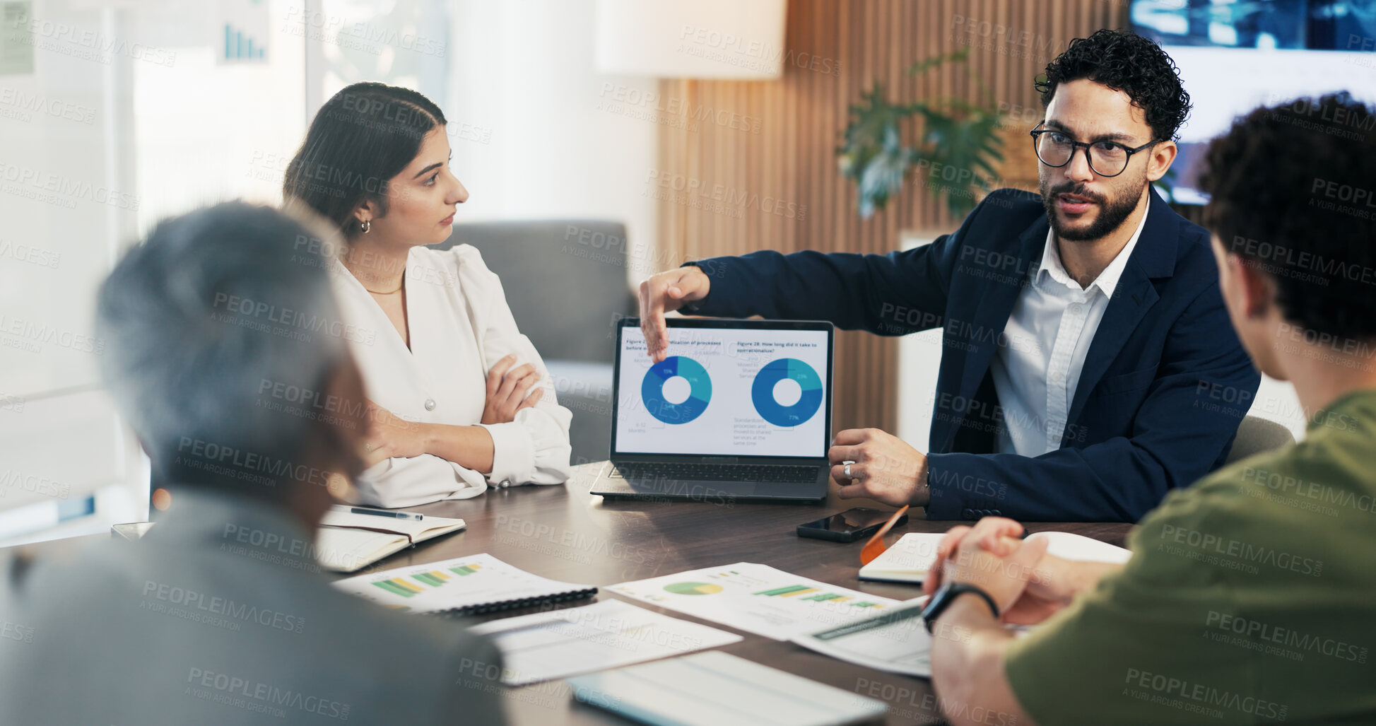 Buy stock photo Meeting, chart and business people on laptop screen for finance review, feedback and company revenue. Office, team and workers with paper, graphs and research for financial analysis, profit or growth