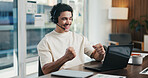 Man, headset and celebration with laptop at office for trading, goals and fist pump at finance agency. Person, virtual consultant or advisor with success, computer and voip mic at investment company