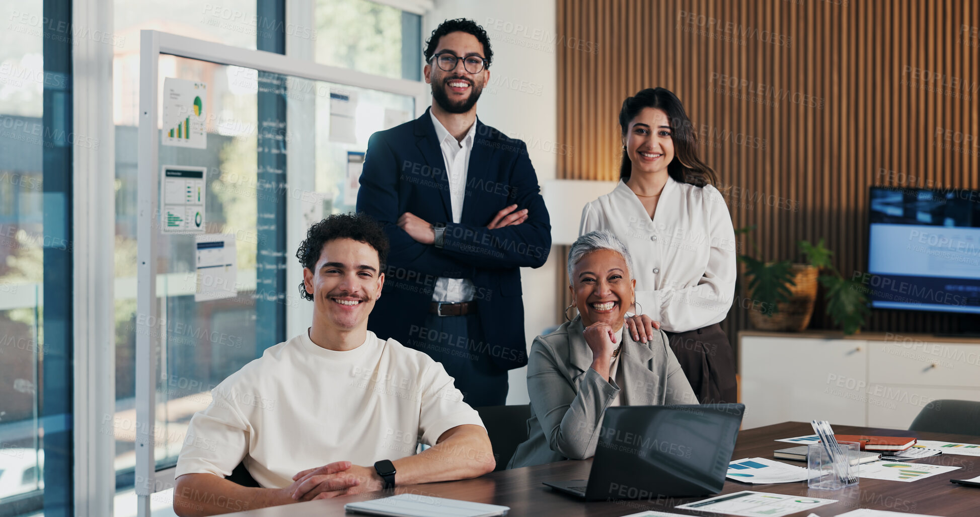 Buy stock photo Happy, meeting and portrait of business people in boardroom for finance agency, investment and planning. Office, team and workers with pride for financial company, collaboration and consultancy