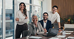 Business people, portrait and face with smile at office meeting, documents or tech at finance company. Group, men and women with laptop, paperwork and happy staff with diversity at investment agency