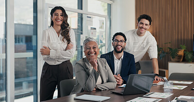 Buy stock photo Business people, portrait and team with smile at office meeting, documents or tech at finance company. Group, men and women with laptop, paperwork and happy staff with diversity at investment agency