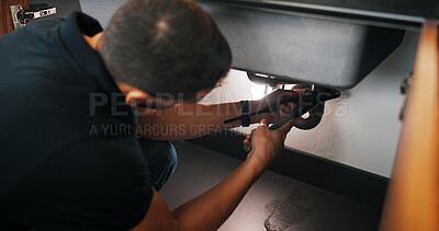 Buy stock photo Repair, sink and man with tools in kitchen for drainage system maintenance or plumbing skills in house. Handyman, fixing and pipe improvement with equipment, installation and leak prevention in home
