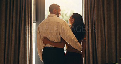 Buy stock photo Travel, open curtain and couple in hotel with thinking, bonding and connection at arrival on holiday. Happy, window and man hugging woman at resort for vacation with love, care and commitment.