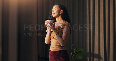 Buy stock photo Thinking, woman and curtain with coffee in hotel room for travel, calm morning and holiday view. Female person, beverage and scenery with reflection, daydreaming and vacation getaway at accommodation