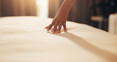 Buy stock photo Hands, woman and touch bedsheet in hotel room for fabric quality, check cleanliness and holiday. Guest, person and duvet inspection at lodge for comfort, hygiene standard and weekend getaway on space