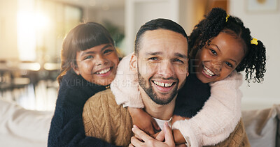 Buy stock photo Portrait, dad and children in home with hug, bonding together and smile for connection on weekend. Happy, man and girl kids in living room with embrace, wellness and family support for fathers day.