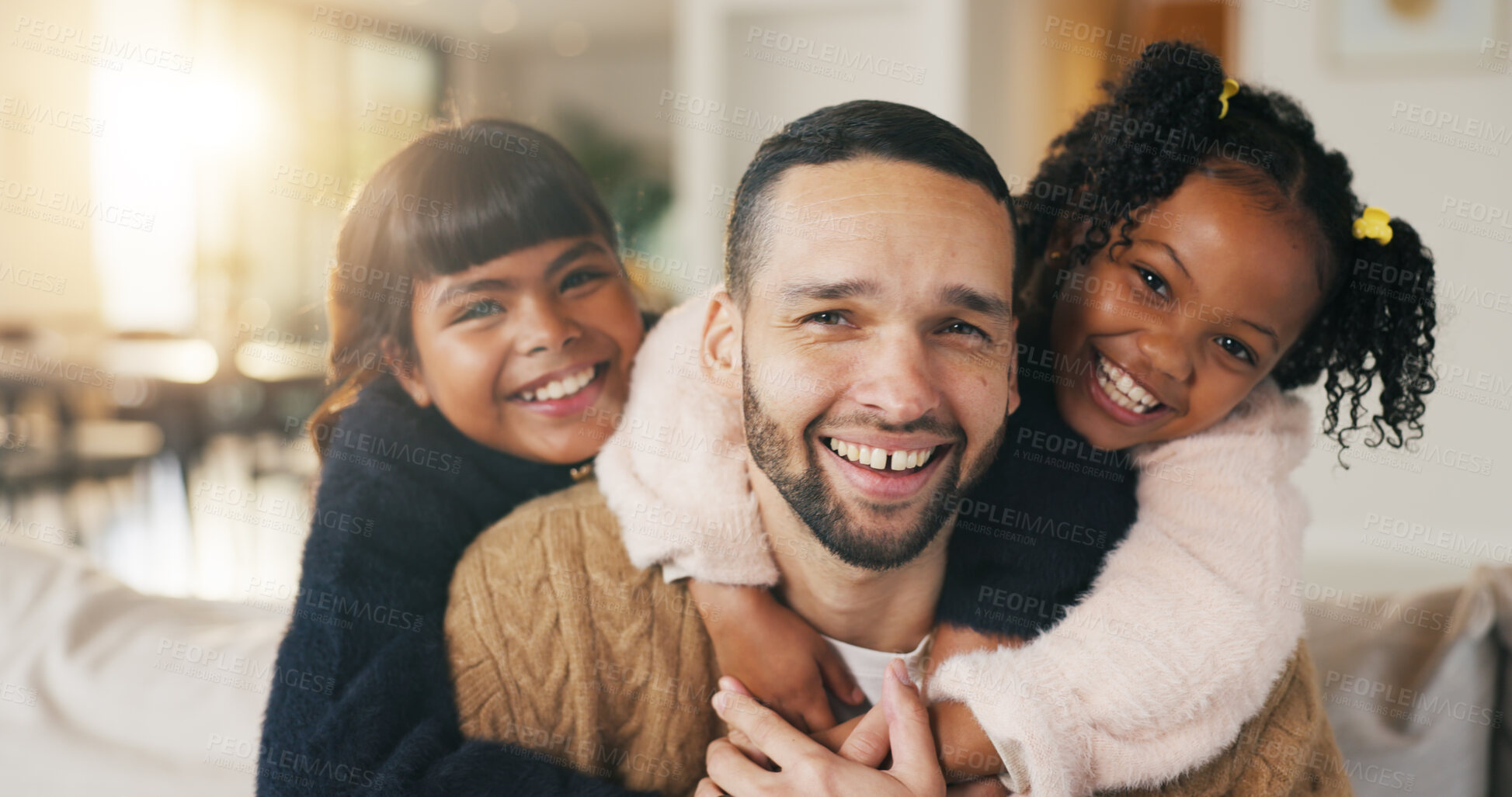 Buy stock photo Portrait, dad and children in home with hug, bonding together and smile for connection on weekend. Happy, man and girl kids in living room with embrace, wellness and family support for fathers day.