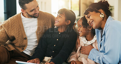 Buy stock photo Kids, parents and tablet in living room of home for bonding, education or learning together. Dad, mom and sibling children with digital app for development, growth or online study as happy family