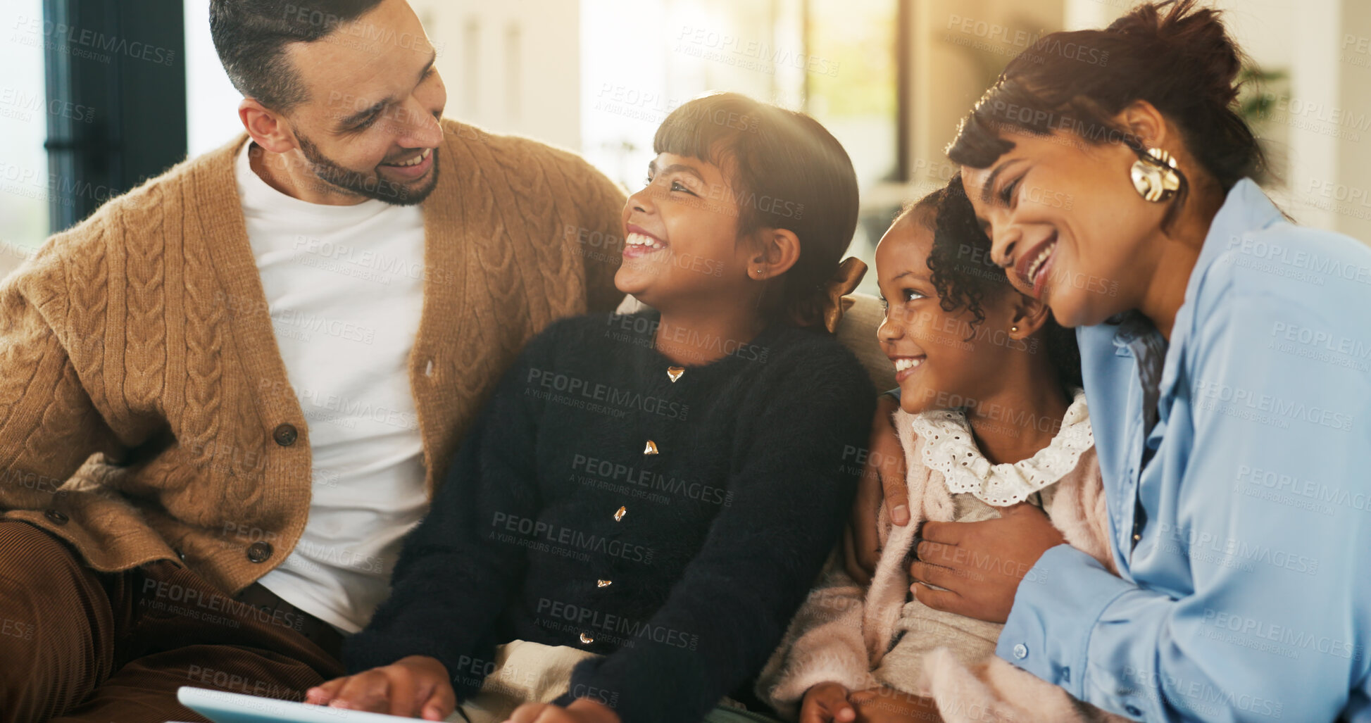 Buy stock photo Kids, parents and tablet in living room of home for bonding, education or learning together. Dad, mom and sibling children with digital app for development, growth or online study as happy family