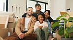Portrait, parents and moving in new home with children, package and smile for property investment. Happy people, mother and father in house with girl kids, boxes and family bonding for relocation.