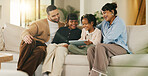 Children, parents and tablet on sofa in living room for bonding, education or learning together. Father, mother and sibling girls with digital app for development, growth or online study as family