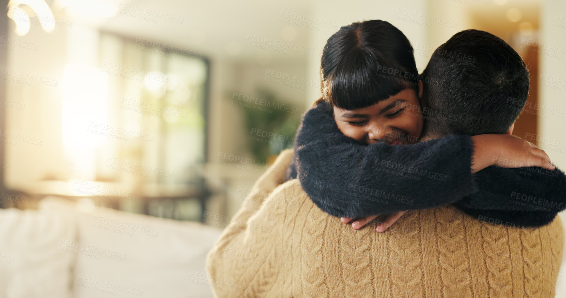 Buy stock photo Happy, father and child in living room with hug, family connection or bonding together for development. Dad, young daughter and smile in home with embrace, support and parent care on weekend break.