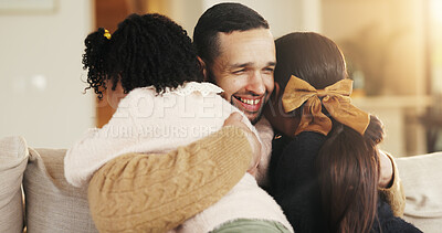 Buy stock photo Dad, children and smile on sofa with hug, bonding together or support for family connection on weekend. Happy, man and young girl kids in home with embrace, parent care and love for fathers day.