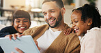Tablet, father and funny kids in home to watch show, comedy movie and video entertainment on sofa. Tech, dad and girls in living room for streaming film, subscription service or laughing with parent