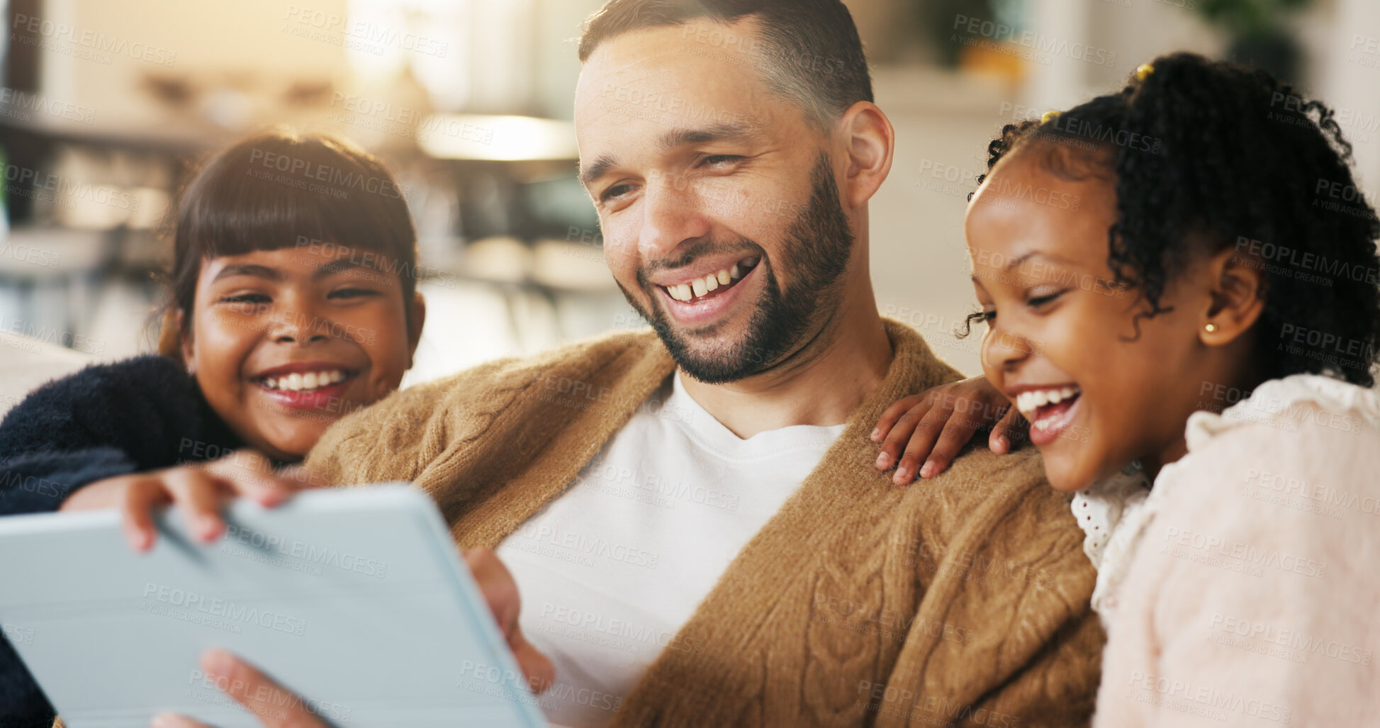 Buy stock photo Tablet, father and funny kids in home to watch show, comedy movie and video entertainment on sofa. Tech, dad and girls in living room for streaming film, subscription service or laughing with parent