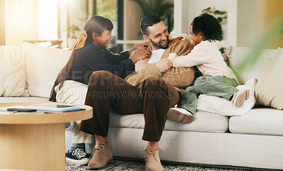 Buy stock photo Happy, kids and tickle dad on sofa for bonding together, playful relationship and laugh. Love, children and playing with father in living room for funny weekend break, support and connection in home