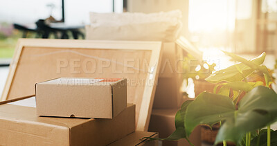 Buy stock photo Empty, room and boxes with moving house for property relocation, expired lease or rental apartment. Real estate, flare and cardboard packages with home items for eviction, migration and fresh start