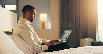 Buy stock photo Remote work, review or man in hotel with laptop, proofreading or novel edit in freelancing. Digital nomad, reading or author in resort with tech, manuscript draft or chapter plan in story development