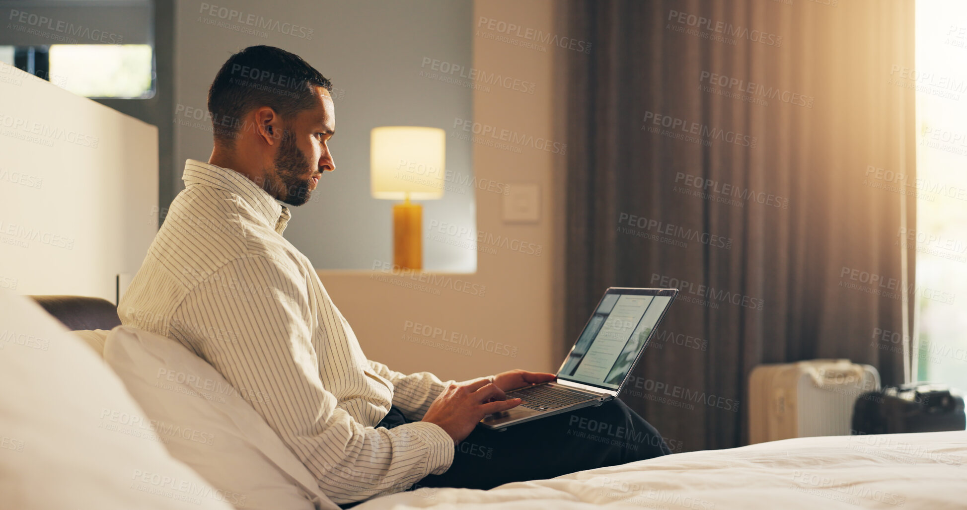 Buy stock photo Remote work, review or man in hotel with laptop, proofreading or novel edit in freelancing. Digital nomad, reading or author in resort with tech, manuscript draft or chapter plan in story development