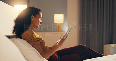 Buy stock photo Remote work, review or woman in hotel with tablet, proofreading or novel edit in freelancing. Digital nomad,  or author in lodge with tech, manuscript draft or chapter plan in story development