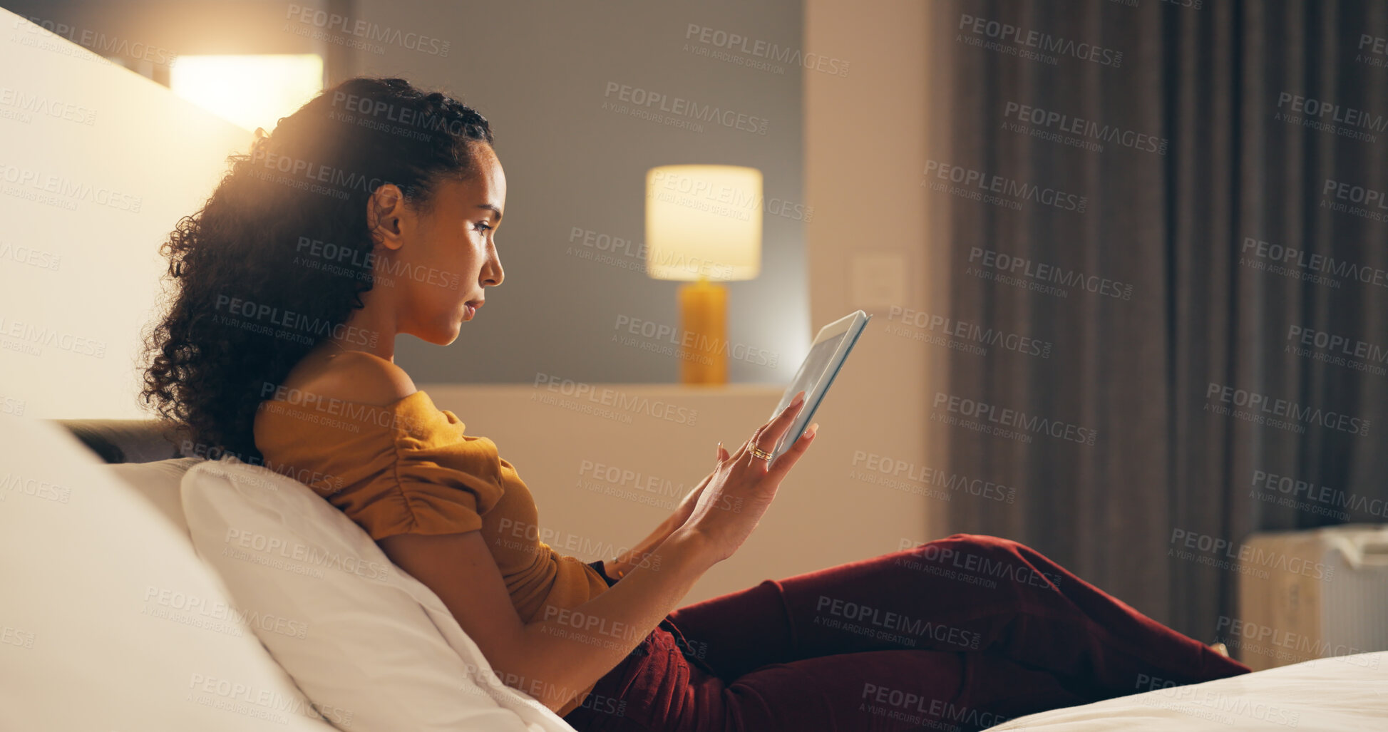 Buy stock photo Remote work, review or woman in hotel with tablet, proofreading or novel edit in freelancing. Digital nomad,  or author in lodge with tech, manuscript draft or chapter plan in story development