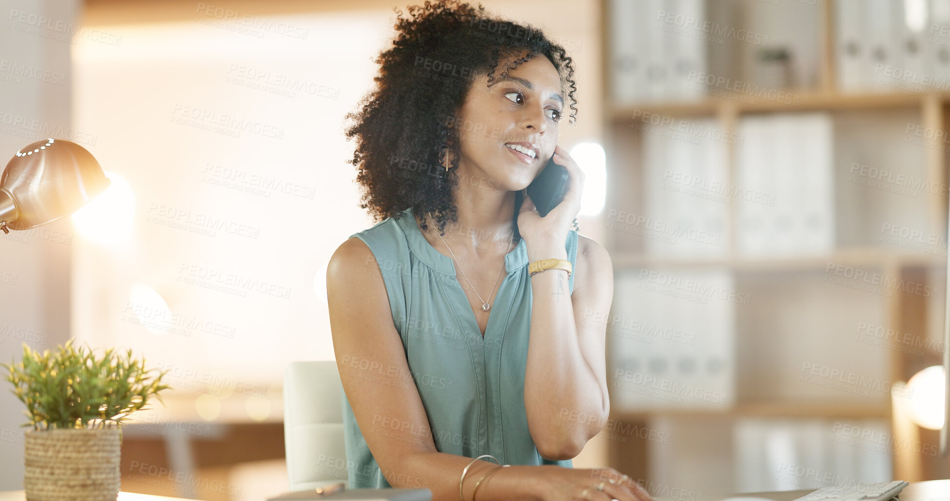 Buy stock photo Thinking, contact and businesswoman with phone call in office, planning viewing date and negotiation. Price reflection, property inquiry and happy realtor with seller feedback, client offer or mobile