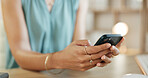 Woman, hands and scroll in office with phone, social media marketing and notification for work email. Person, typing and browsing in business with tech, online advertising or text message response.