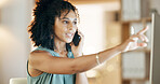 Woman, business and phone call with computer in office for virtual assistance, chat or help. Female person, talking and pointing with mobile smartphone for discussion, proposal or communication