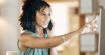 Buy stock photo Woman, business and phone call with computer in office for virtual assistance, chat or help. Female person, talking and pointing with mobile smartphone for discussion, proposal or communication