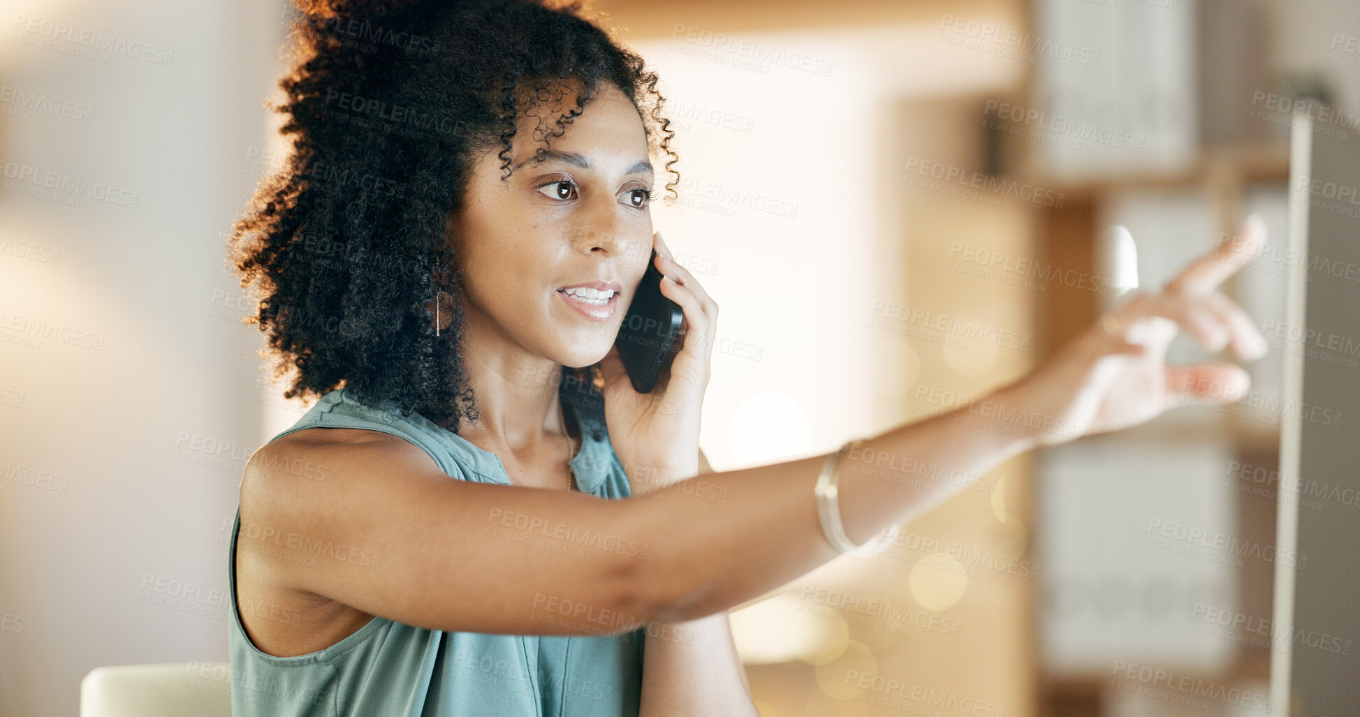 Buy stock photo Woman, business and phone call with computer in office for virtual assistance, chat or help. Female person, talking and pointing with mobile smartphone for discussion, proposal or communication
