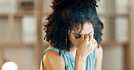 Headache, tired and woman with stress in creative agency, frustrated and time management pressure. Pain, fatigue and copywriter with migraine for campaign proposal deadline, overwhelmed and burnout