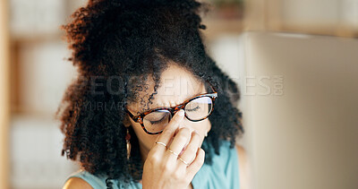 Buy stock photo Glasses, computer and woman with stress in creative agency, frustrated and negative proposal feedback. Eyewear, disappointed and copywriter with email for brand rejection, pc and project failure