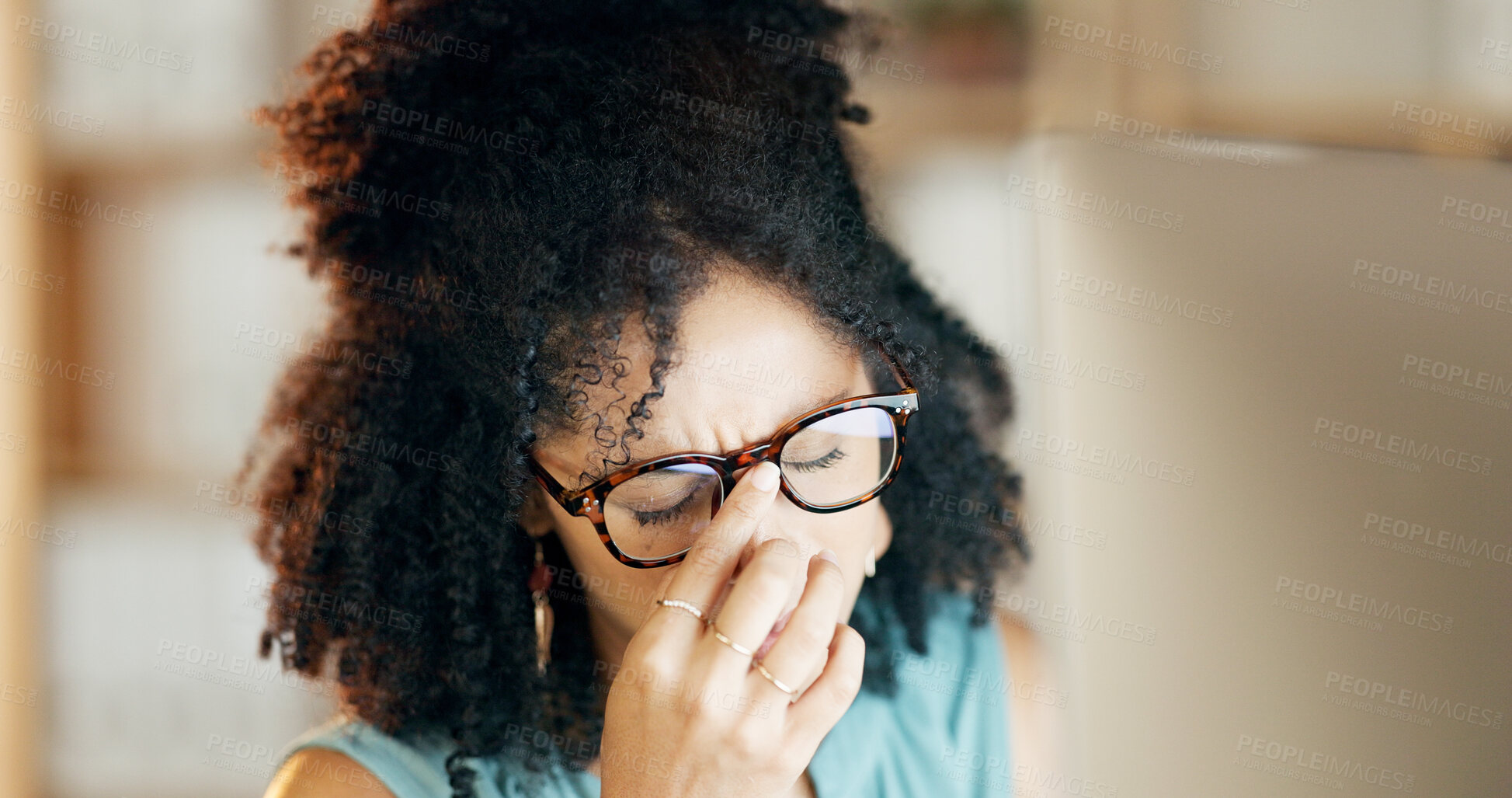 Buy stock photo Glasses, computer and woman with stress in creative agency, frustrated and negative proposal feedback. Eyewear, disappointed and copywriter with email for brand rejection, pc and project failure
