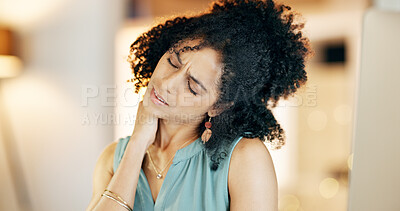 Buy stock photo Tired, woman and neck pain in office with computer, bad posture and burnout from overtime at night. Late, exhausted person and fatigue in business with desktop, muscle inflammation and work stress.