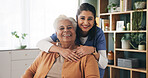 Portrait, nurse and old woman with hug in nursing home, senior care or trust for retirement wellness. Smile, caregiver or elderly person with embrace for emotional support, assisted living or bonding