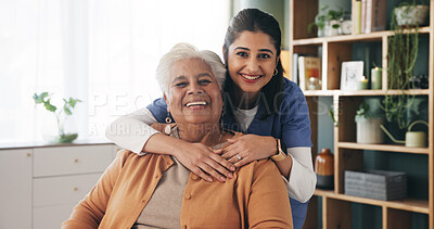 Buy stock photo Portrait, nurse and old woman with hug in nursing home, senior care or trust for retirement wellness. Smile, caregiver or elderly person with embrace for emotional support, assisted living or bonding