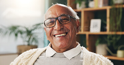 Buy stock photo Portrait, relax and smile with old man in retirement home for break, optimism or satisfaction. Glasses, unwind and wellness with happy senior person in living room of apartment for weekend chill
