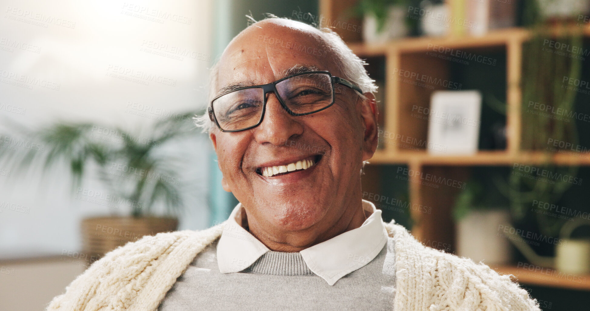 Buy stock photo Portrait, relax and smile with old man in retirement home for break, optimism or satisfaction. Glasses, unwind and wellness with happy senior person in living room of apartment for weekend chill