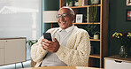 Smile, phone and elderly man in home for email notification, text message or news in retirement. Mobile, senior person and reading article for online story, newsletter app and browsing website