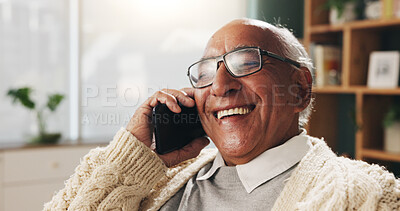 Buy stock photo Laugh, phone call and senior man in home for communication, news or connection in retirement. Mobile, elderly person and talking to contact for funny story, joke and humor with update at apartment