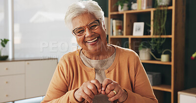 Buy stock photo Portrait, relax and smile with old woman in retirement home for break, optimism or satisfaction. Unwind, walking stick and wellness with happy senior in living room of apartment for weekend chill