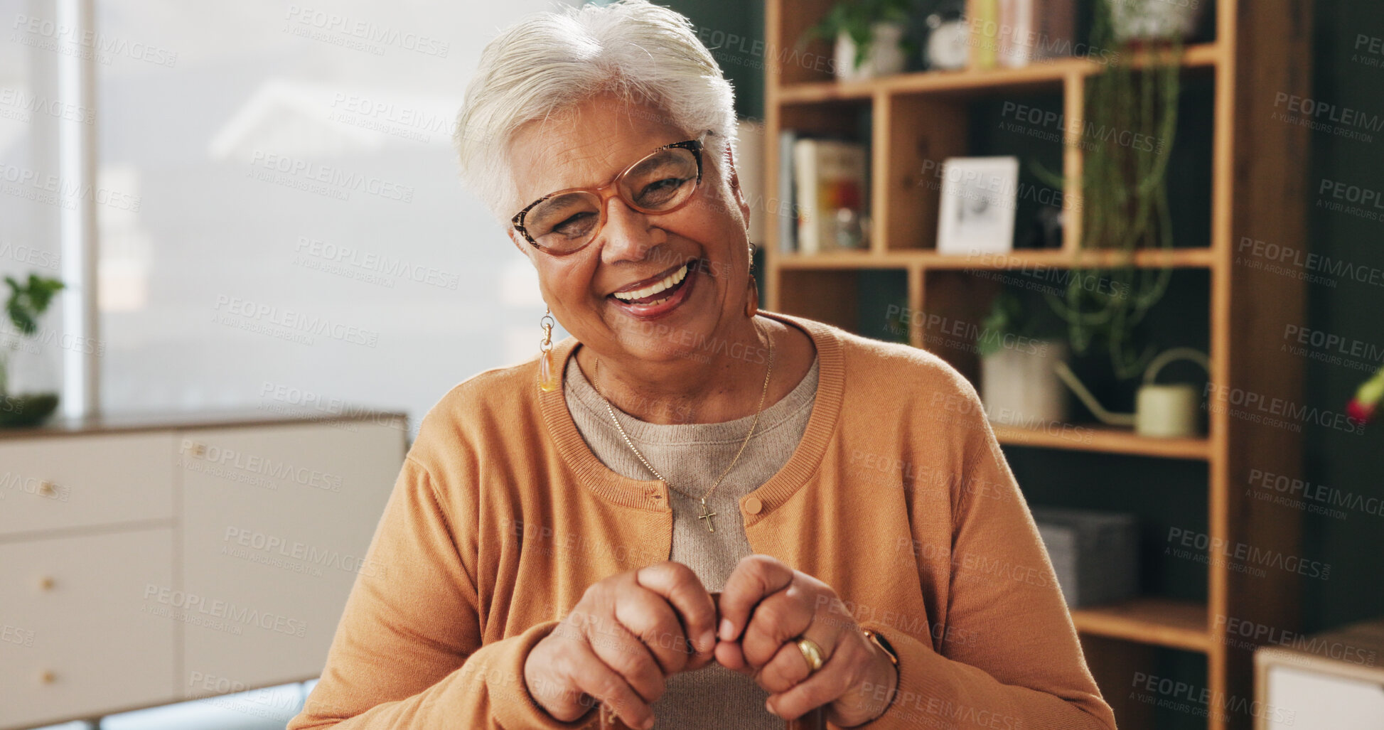 Buy stock photo Portrait, relax and smile with old woman in retirement home for break, optimism or satisfaction. Unwind, walking stick and wellness with happy senior in living room of apartment for weekend chill