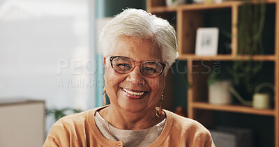 Buy stock photo Glasses, portrait and smile with old woman in retirement home for break, optimism or satisfaction. Relax, unwind and wellness with happy senior person in living room of apartment for weekend chill