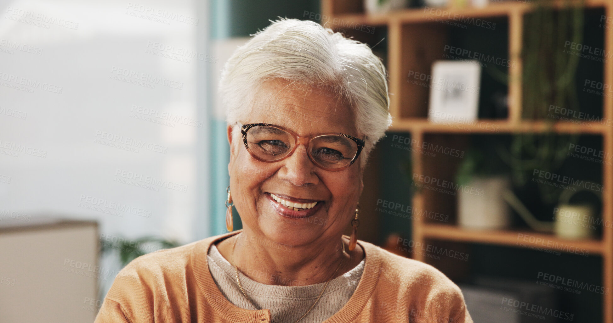 Buy stock photo Glasses, portrait and smile with old woman in retirement home for break, optimism or satisfaction. Relax, unwind and wellness with happy senior person in living room of apartment for weekend chill