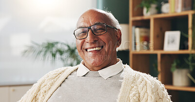 Buy stock photo Glasses, portrait and smile with old man in retirement home for break, optimism or satisfaction. Relax, unwind and wellness with happy senior person in living room of apartment for weekend chill